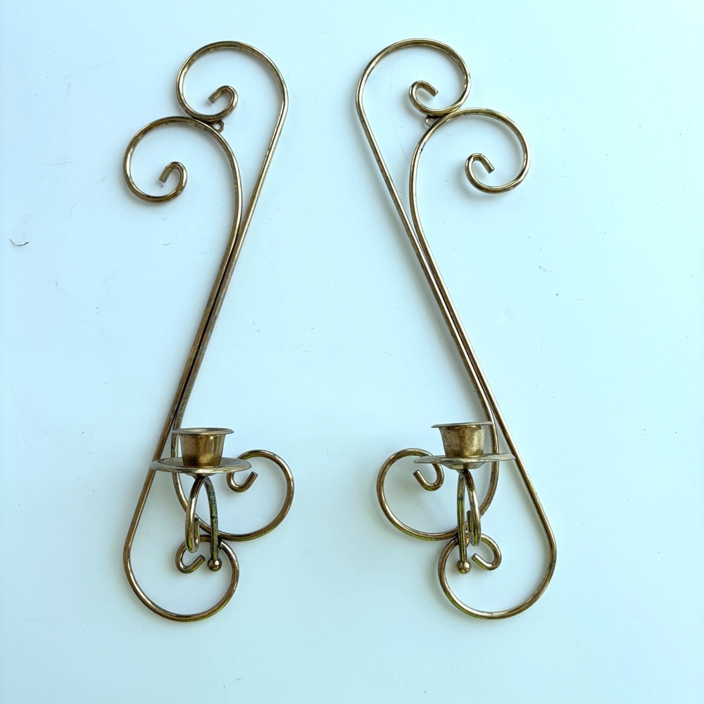 Vintage Brass Wall Sconces Pair Scroll Design Gold Taper Candle Holders 15in